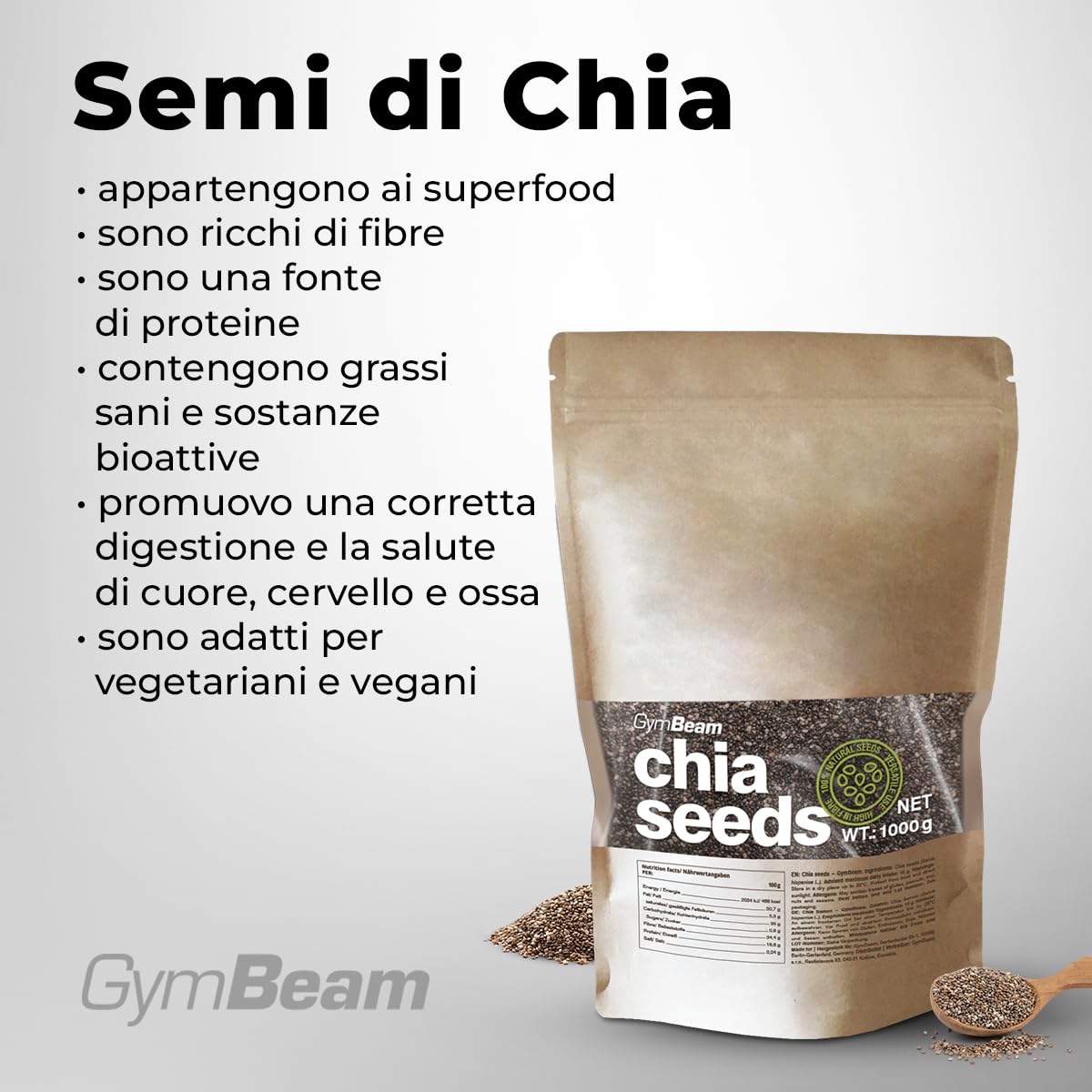 GymBeam Alimentazione Semi di Chia superfood 900g vegani