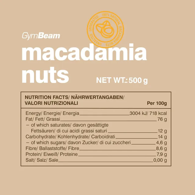 GymBeam Noci di Macadamia Intere Non Salate 500g Snack Vegano