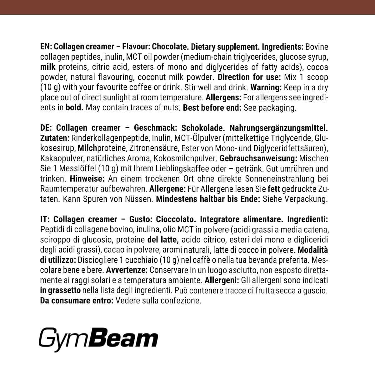 GymBeam Collagen Creamer 300 g polvere cioccolato cocco proteine