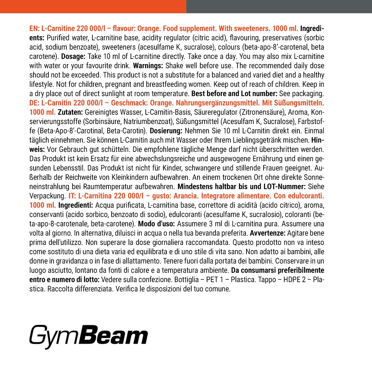 GymBeam L-Carnitina Liquida Arancia 1000ml Bruciagrassi