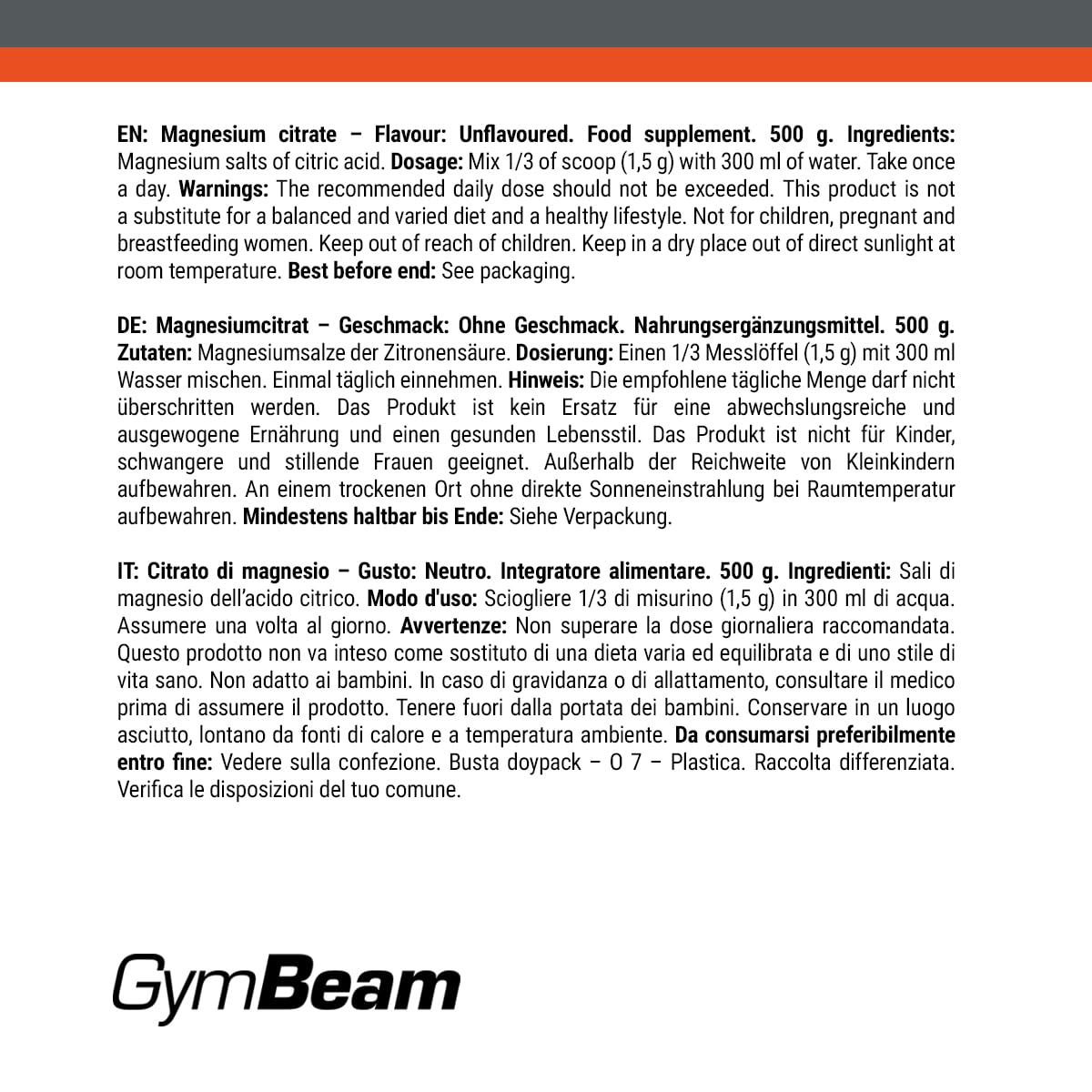 GymBeam Minerali Magnesio Citrato polvere 500 g neutro