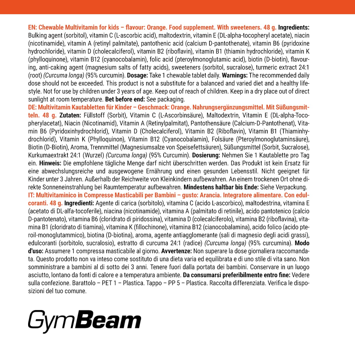 GymBeam Multivitaminico Bambini Gommose Arancia 120 Pezzi