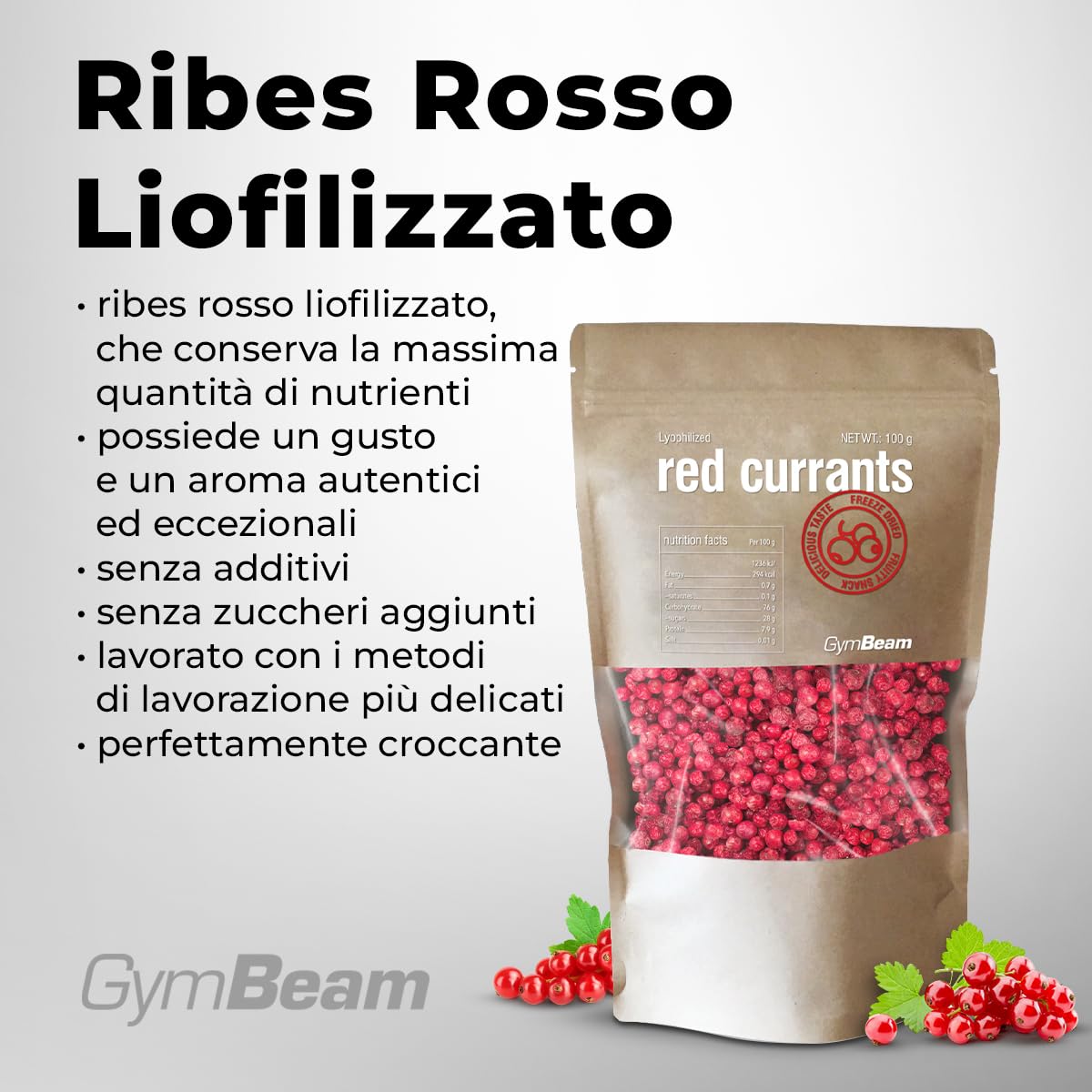 GymBeam Ribes Rosso Liofilizzato 100 g Frutta Bio Senza Zuccheri