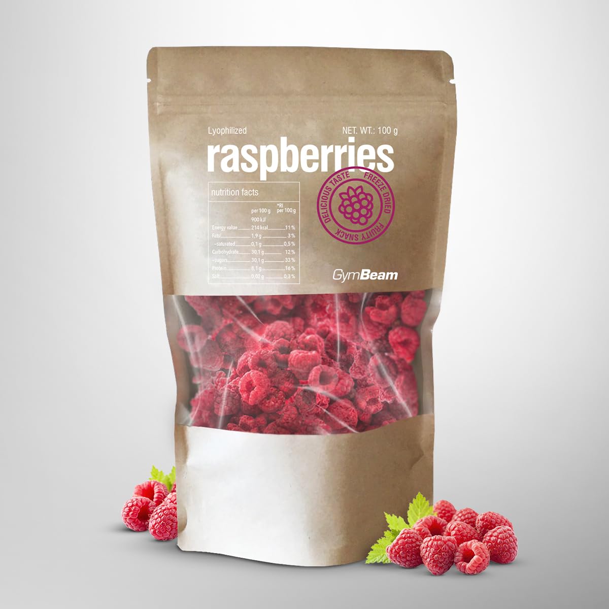 GymBeam Lamponi Liofilizzati Frutta Liofilizzata 100 g Senza Zuccheri