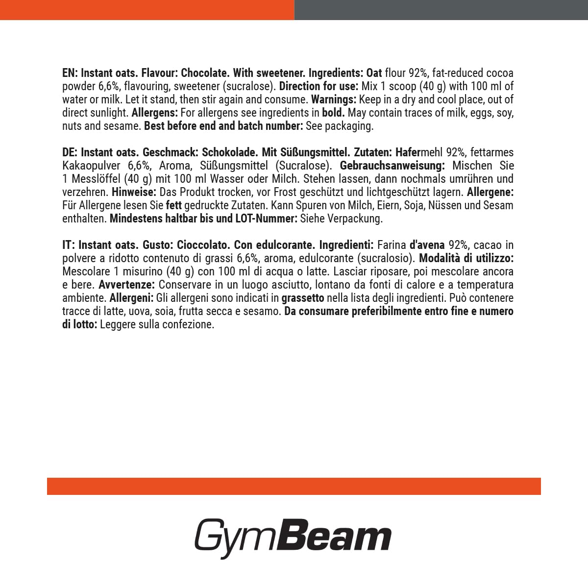 GymBeam Avena Istantanea 1000 g Farina Cioccolato Fibre Proteine
