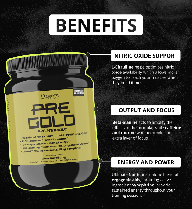 Ultimate Nutrition Pre Gold pre workout Blue Raspberry energia