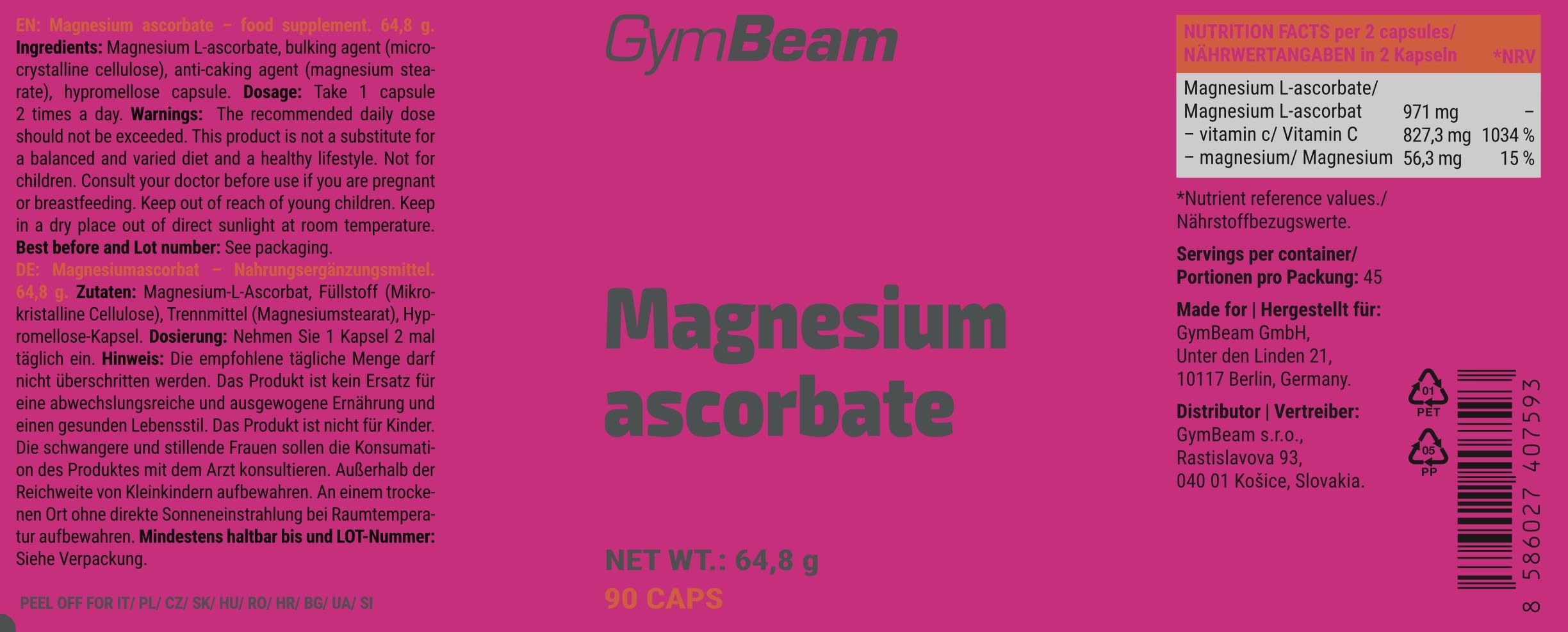 GymBeam Vitamine L-Ascorbato Magnesio capsule non acido