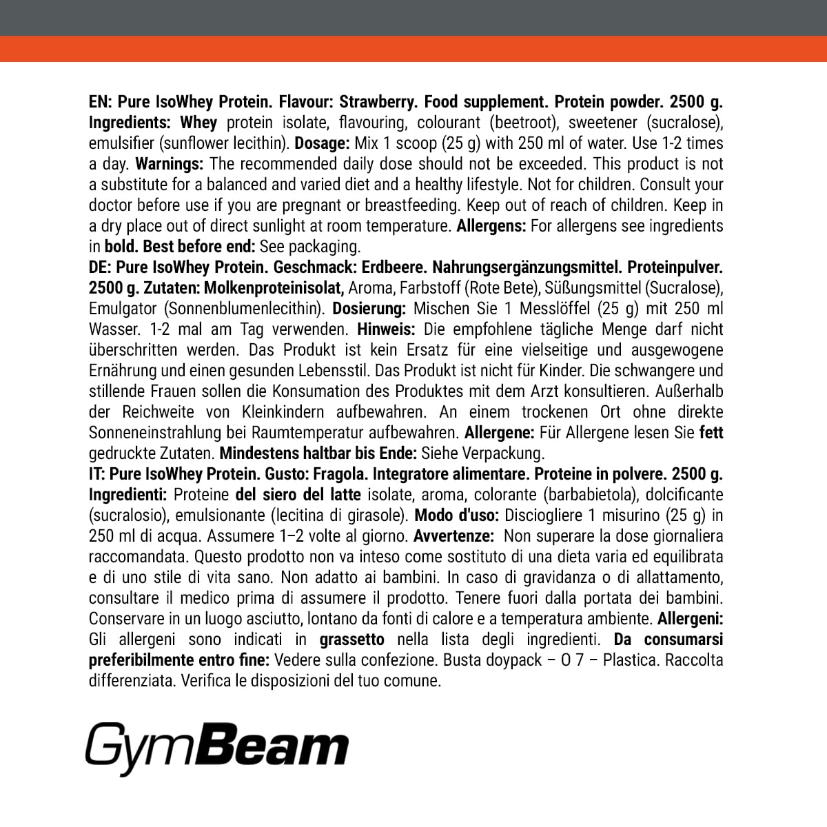 GymBeam Pure IsoWhey Proteine Isolate Fragola 2500 g Massa