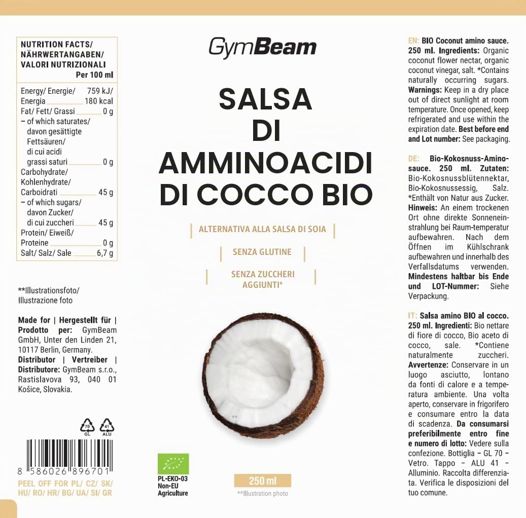 GymBeam Salsa Amino di Cocco BIO 250 ml Senza Glutine