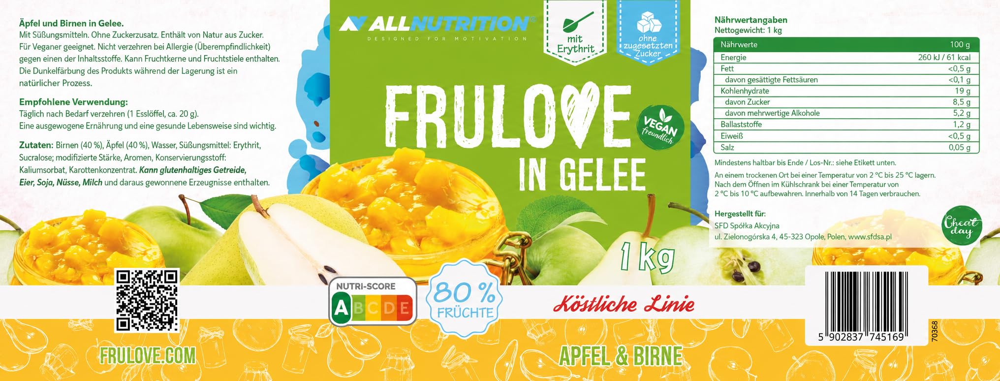 AllNutrition Frulove Marmellata Mela e Pera 1000g Senza Zucchero