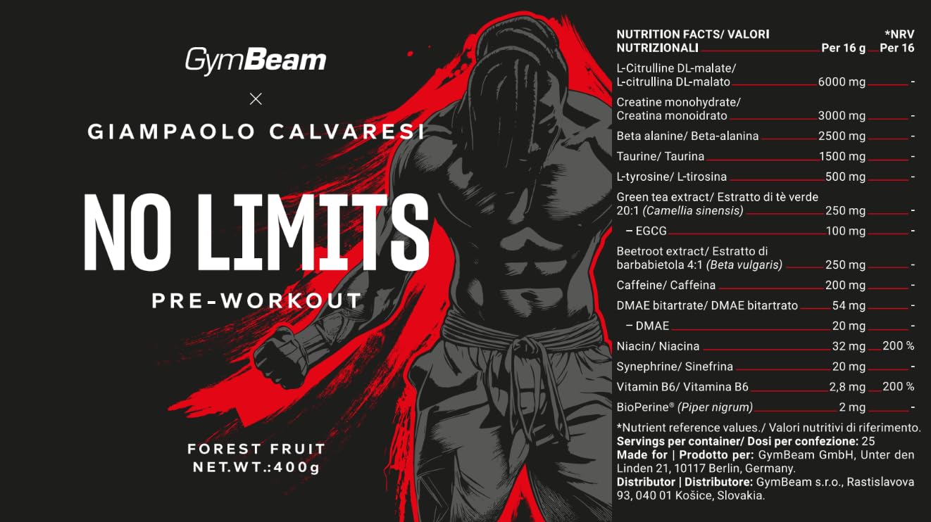 GymBeam No Limits Pre-Workout 400 g caffeina creatina