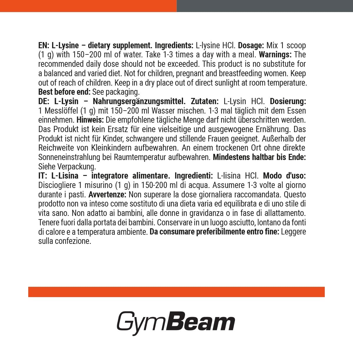 GymBeam Lisina in Polvere 250 g per Sintesi Proteica