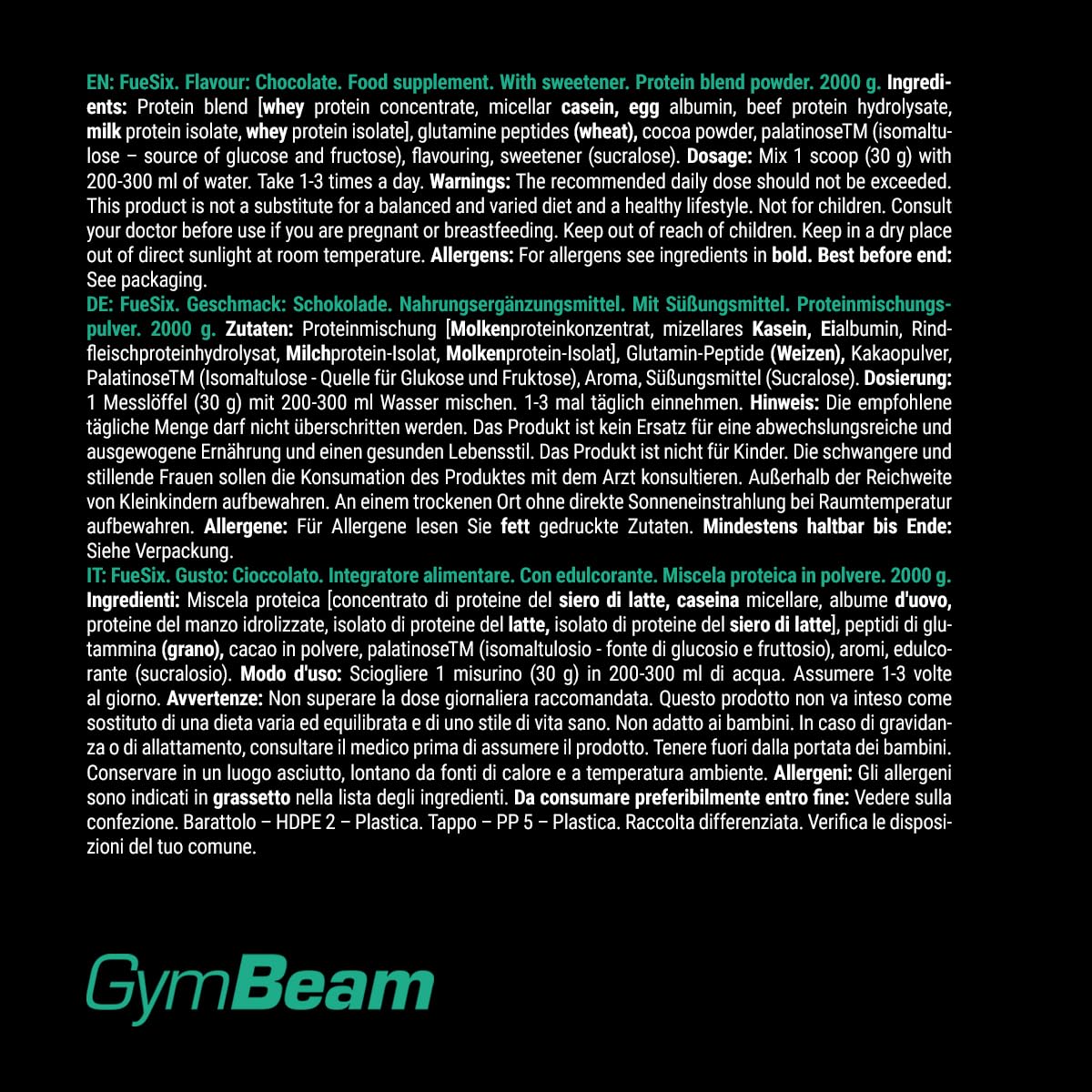 GymBeam FueSix proteine cioccolato 1000 g 6 fonti