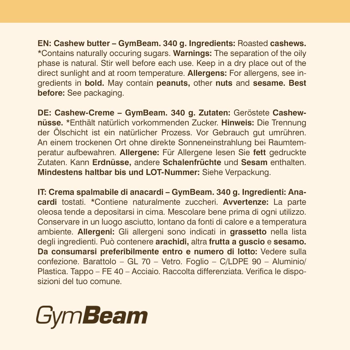 GymBeam Burro di Anacardi Crema Spalmabile Naturale 340g