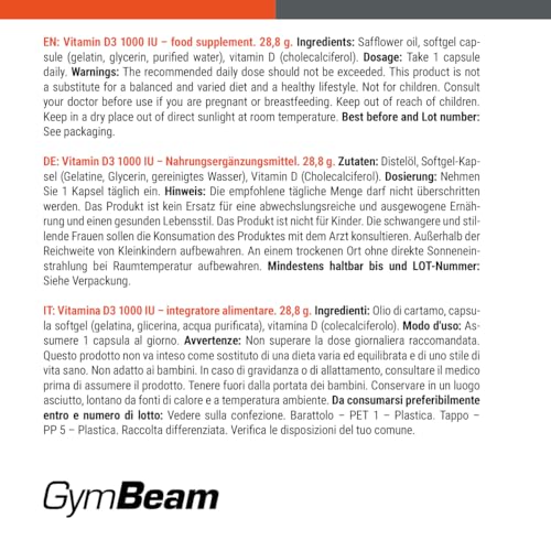GymBeam Vitamina D3 1000 UI capsule 365 pz ossa e immunità