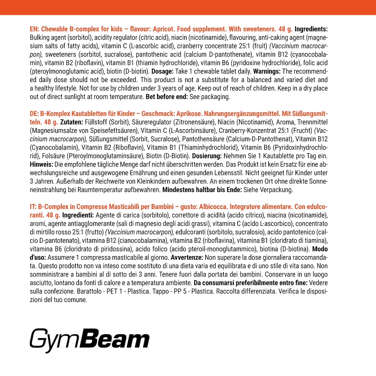 GymBeam B-Complex masticabili bambini albicocca 120