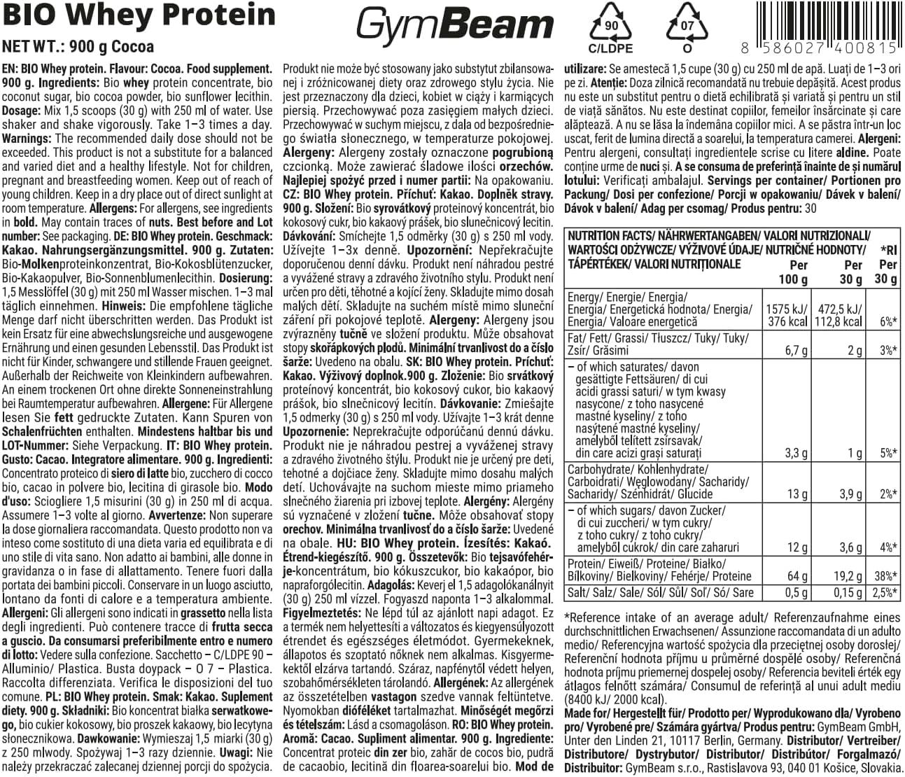 GymBeam Proteine Whey BIO Siero Cacao 900 g BCAA