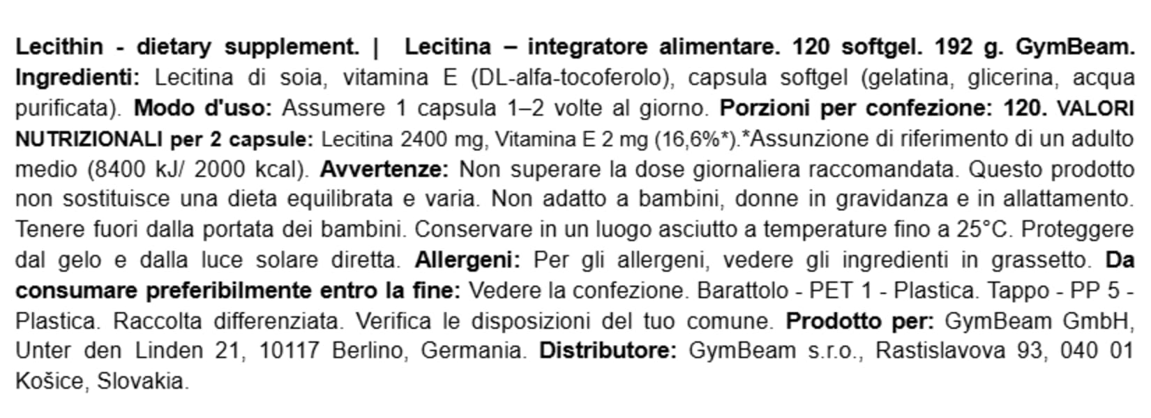 GymBeam Lecitina di Soia 120 cps 1200 mg Colina