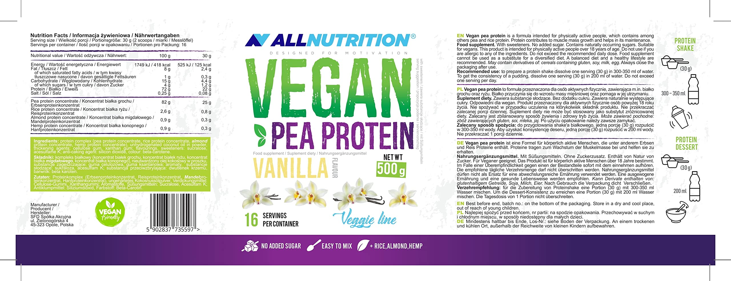 AllNutrition Pea Protein Vaniglia 500g Vegane