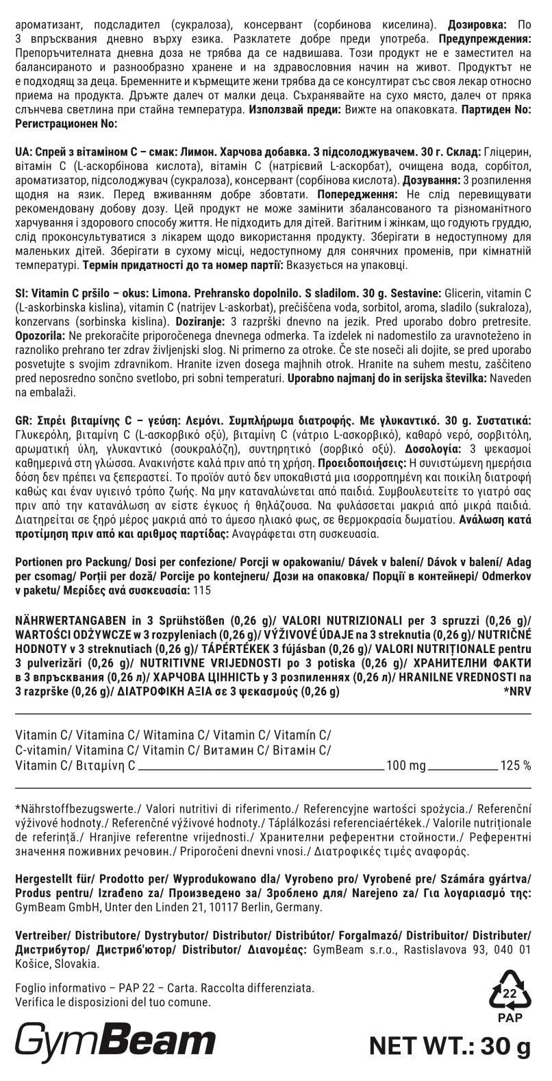 GymBeam Vitamina C Spray limone immunità
