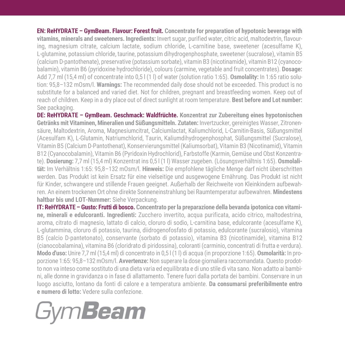 GymBeam ReHydrate Bevanda Ipotonica 1000ml Forestfruit Vitamine
