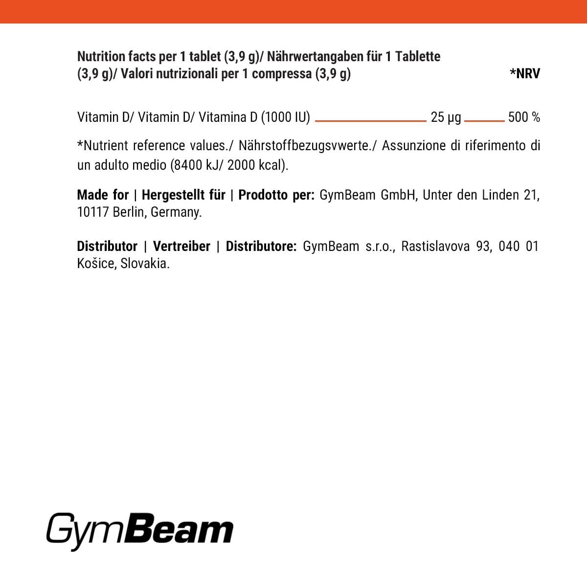 GymBeam Vitamina D3 Effervescente 1000 UI Compresse 20 Pezzi