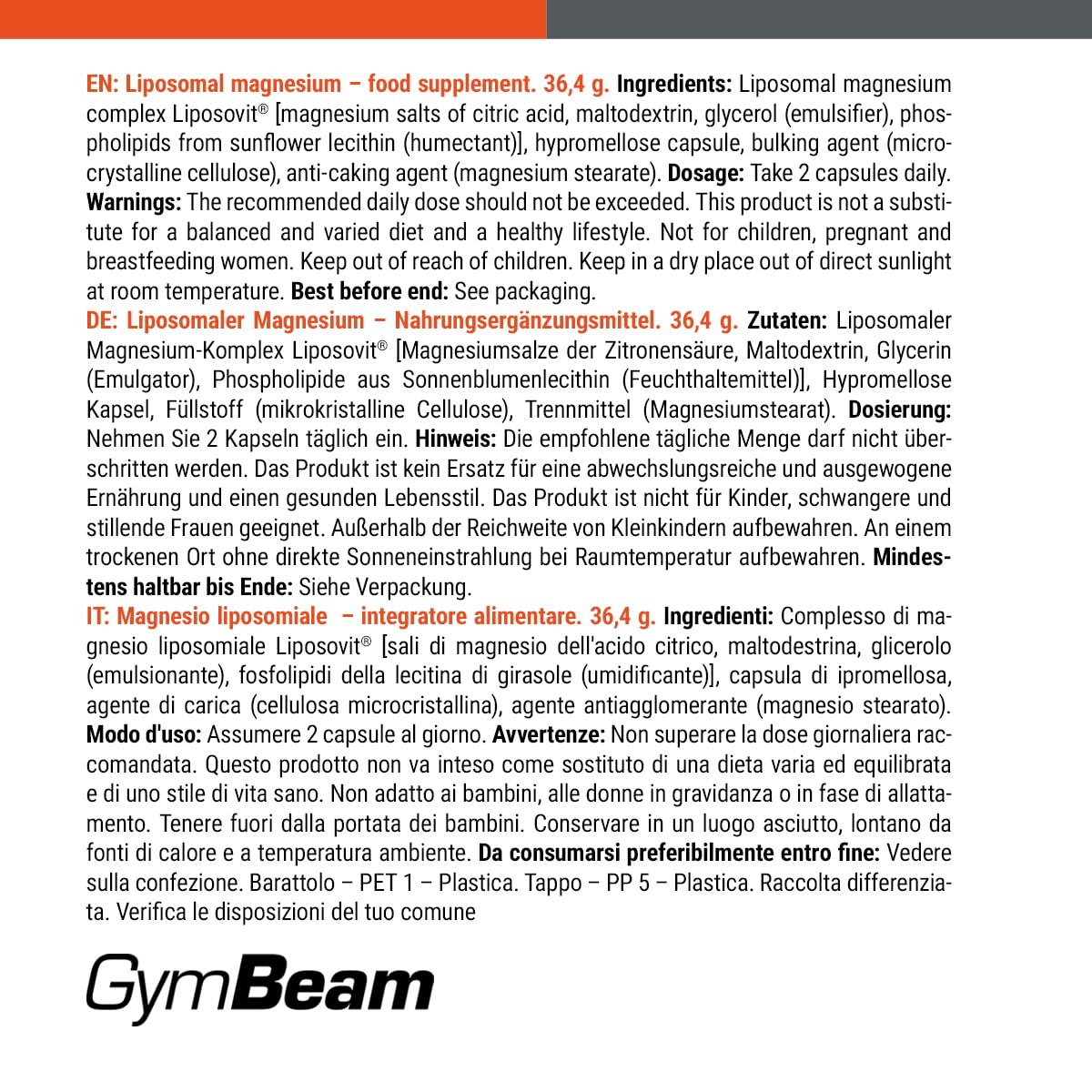 GymBeam Magnesio Liposomiale Capsule LipoCellTech 95% Assorbimento