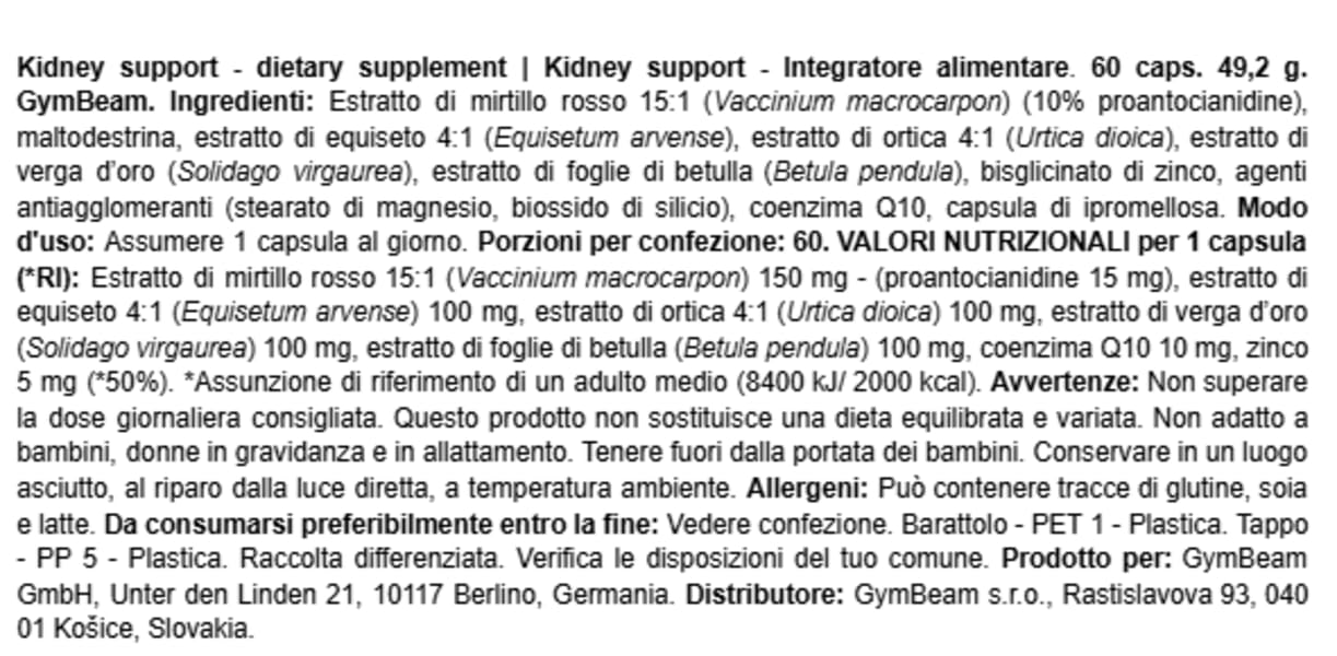 GymBeam Kidney Support 60 cps Integratore Reni Zinco