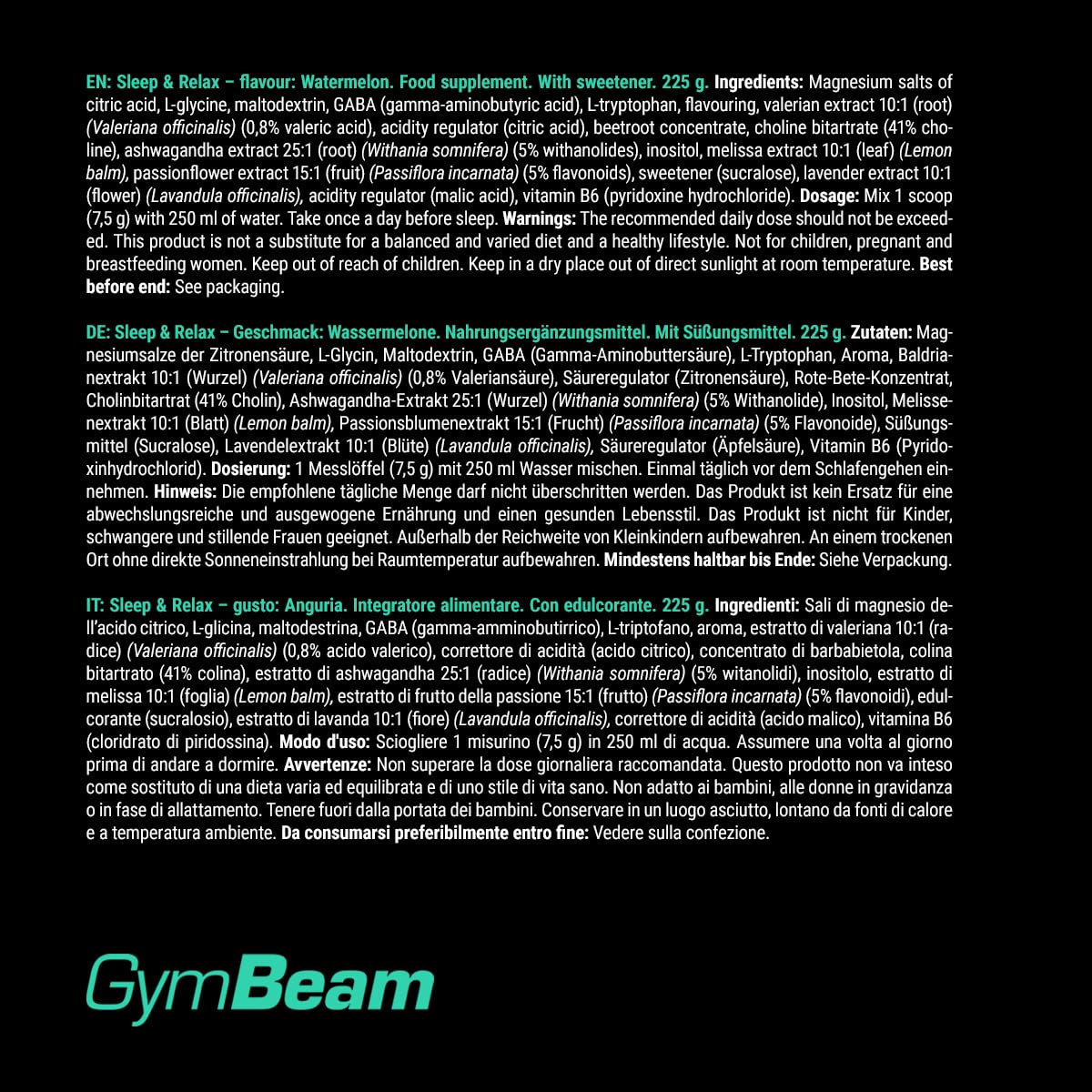 GymBeam Sleep & Relax Integratore Sonno 225 g Gusto Cocomero Magnesio