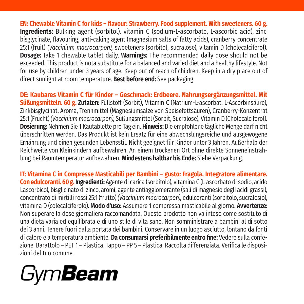 GymBeam Vitamina C bambini masticabili 120 cps fragola D3 zinco
