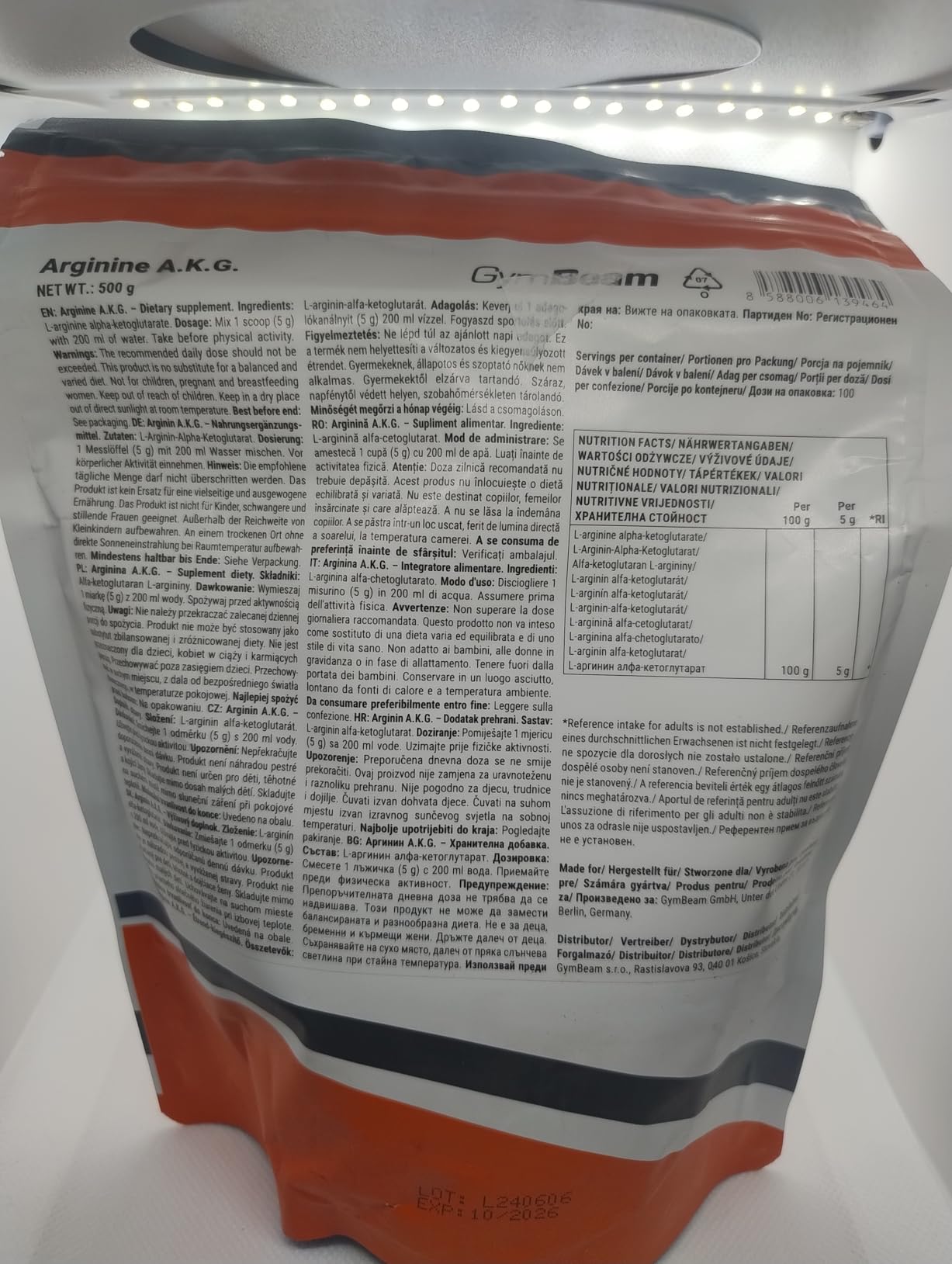 GymBeam Arginina AKG polvere 500 g neutra ossido nitrico