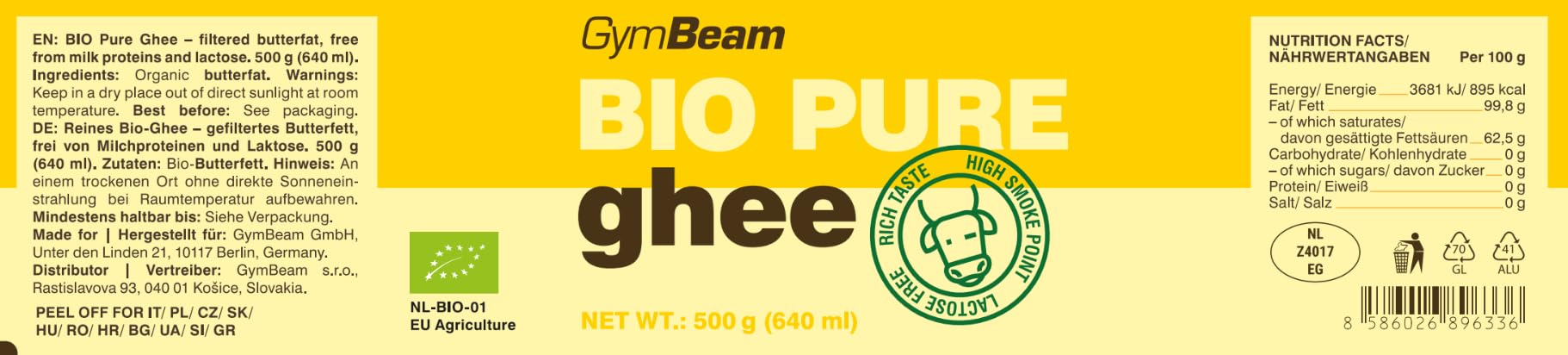GymBeam Ghee Puro BIO Burro Chiarificato 500 g Senza Lattosio