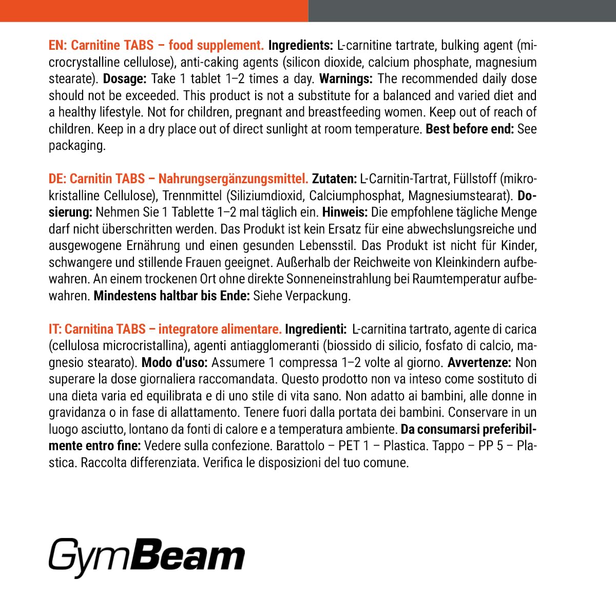 GymBeam L-Carnitina TABS 2000 mg 180 compresse vegane