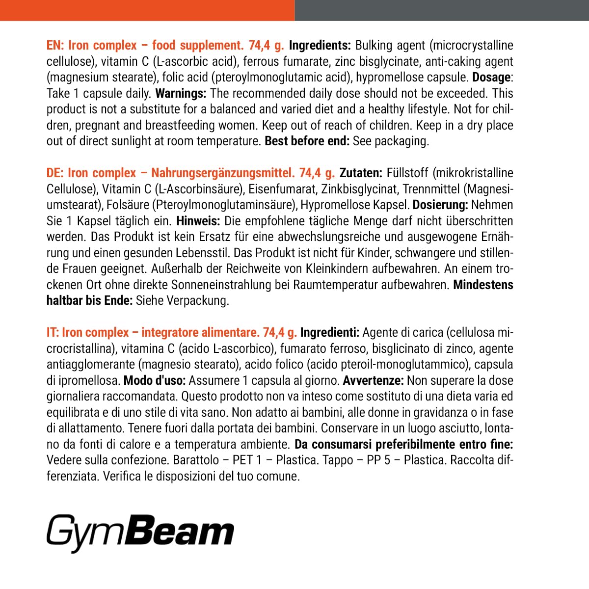 GymBeam Minerali Iron Complex Ferro 120cps Zinco Vitamina C