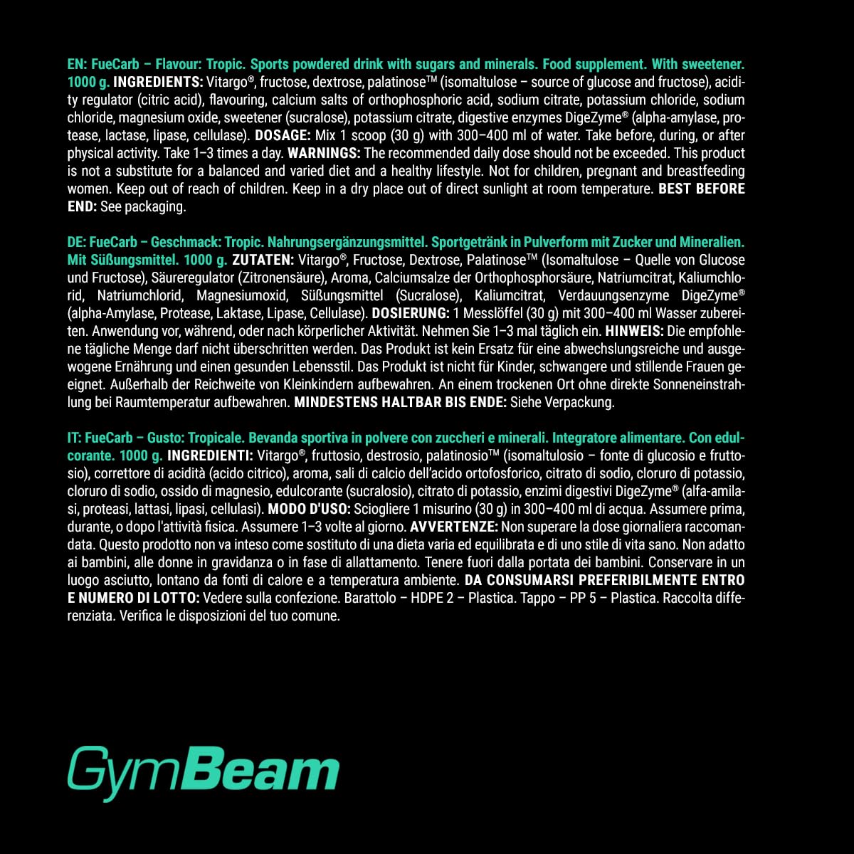 GymBeam FueCarb Carboidrati 1000 g Tropicale Energia