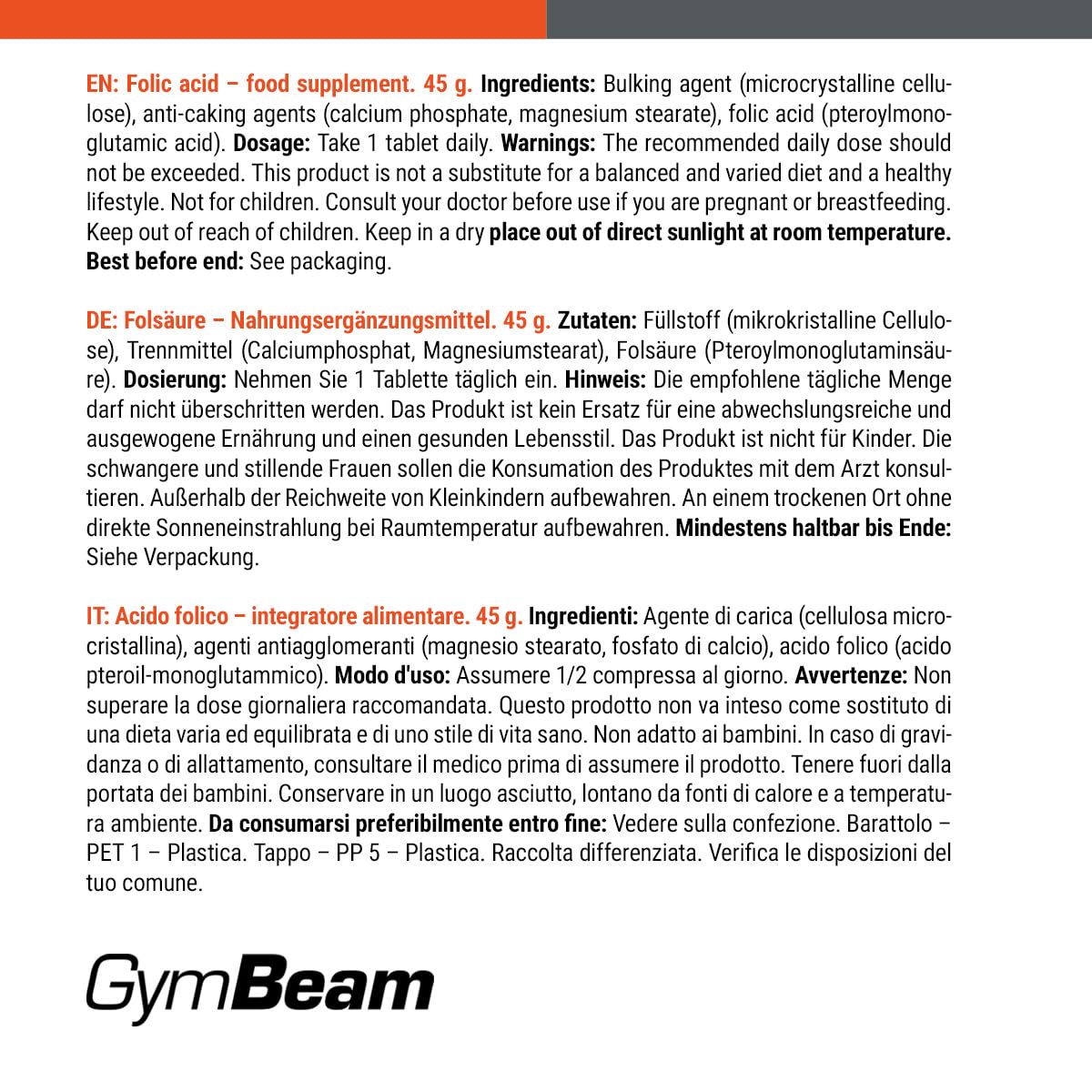 GymBeam Vitamine Acido Folico B9 800µg 90 compresse