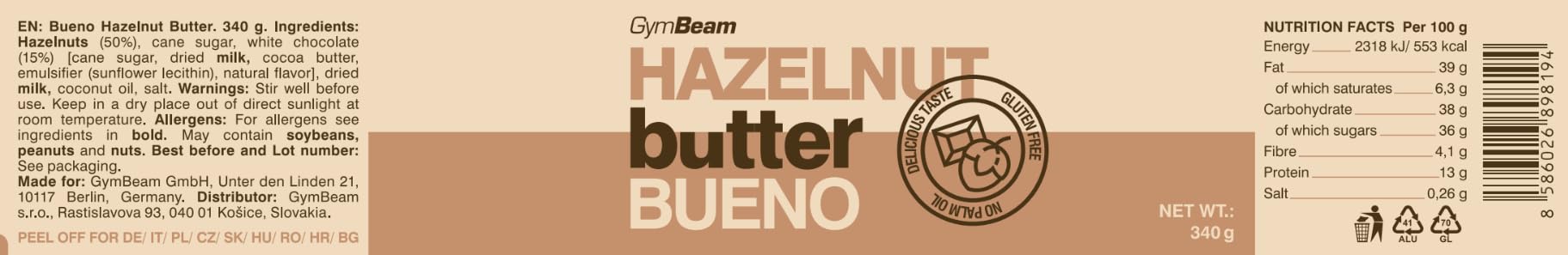 GymBeam Burro di Nocciole Bueno Crema Spalmabile Fibre