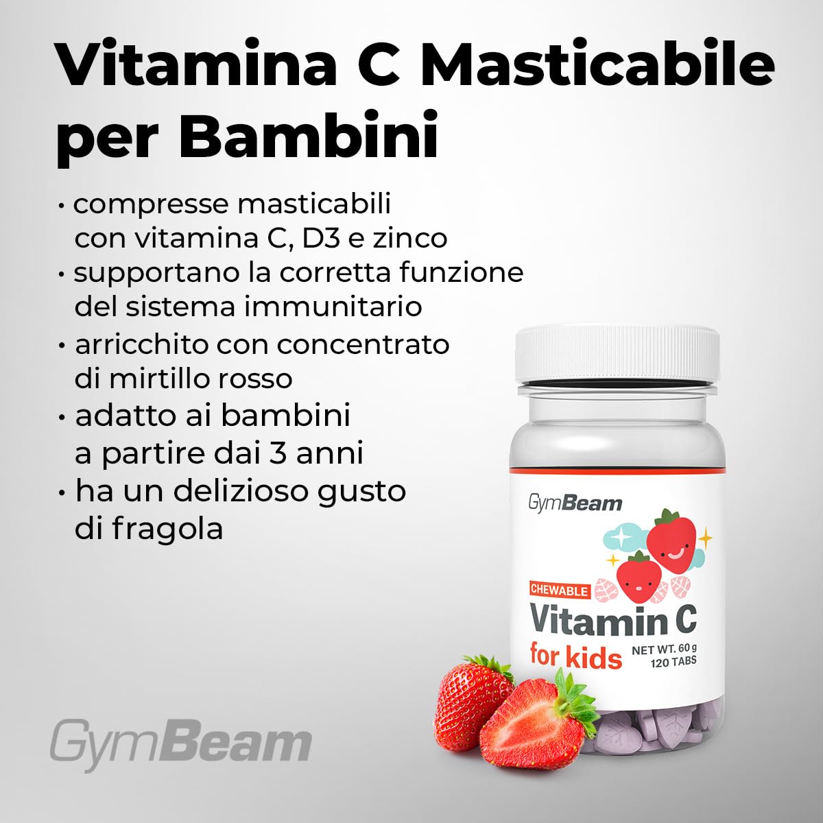GymBeam Vitamina C bambini masticabili 120 cps fragola D3 zinco