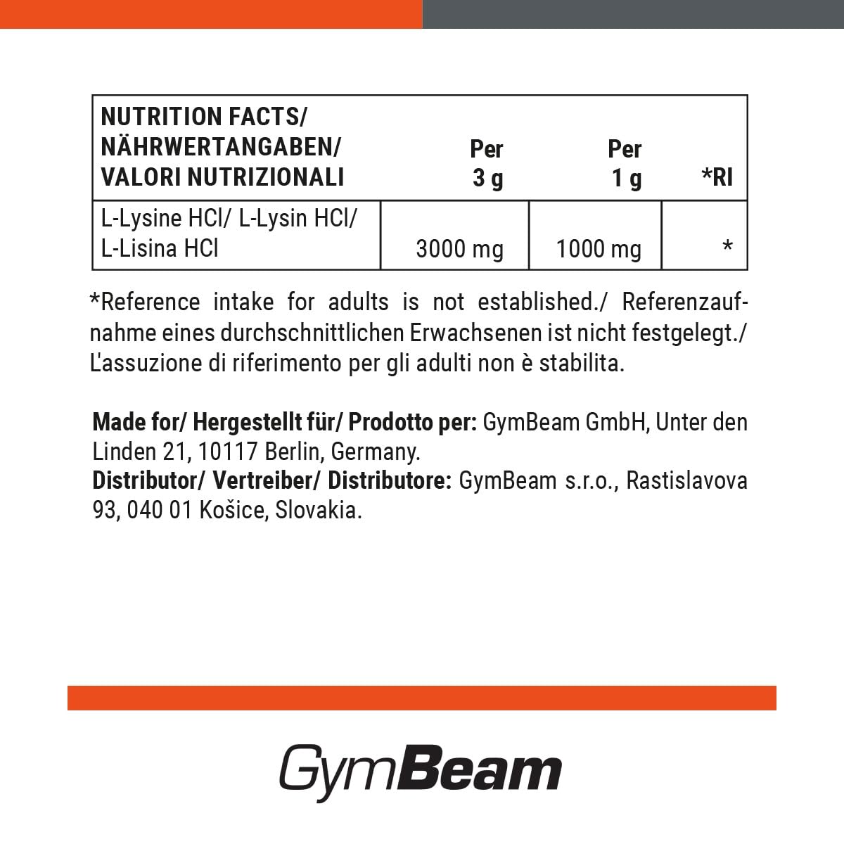 GymBeam Lisina in Polvere 250 g per Sintesi Proteica
