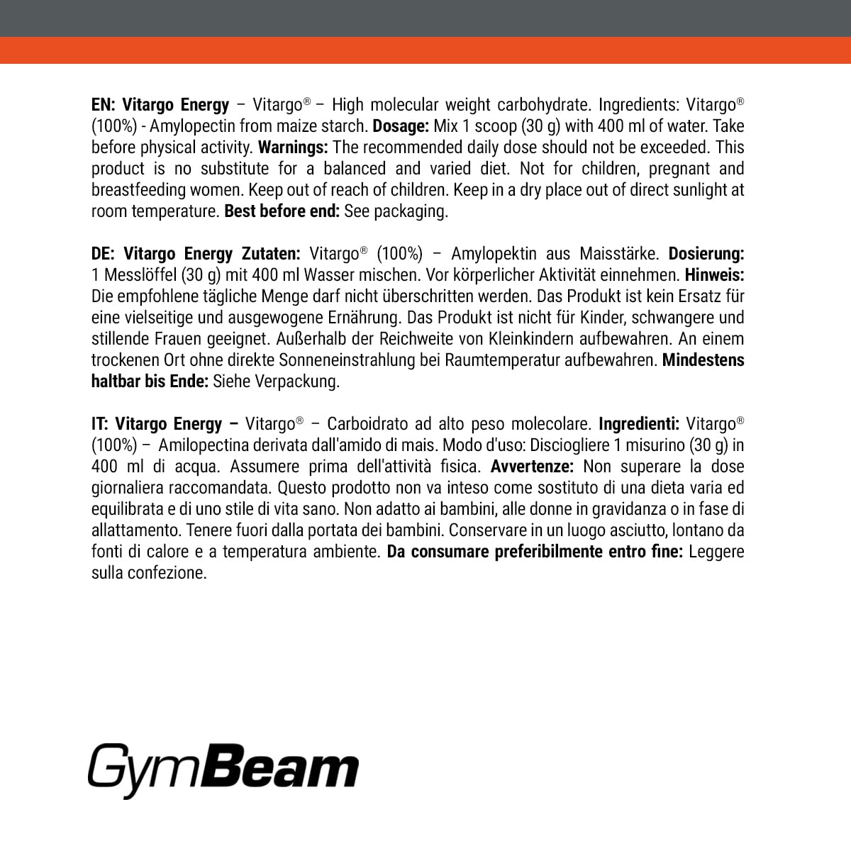 GymBeam Vitargo Energy carboidrati 1000 g amido di mais