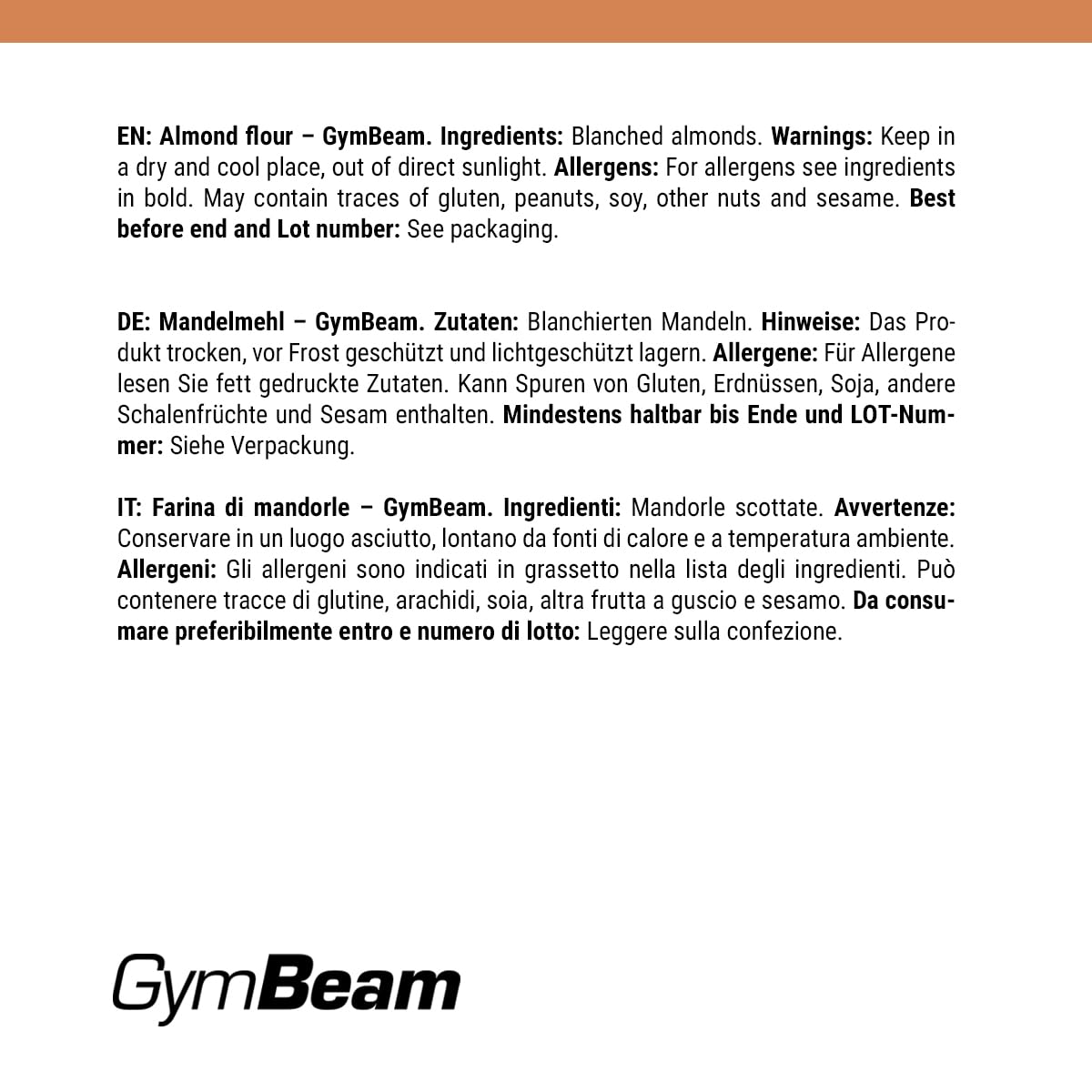 GymBeam Alimentazione Farina di Mandorle 500 g Senza Glutine