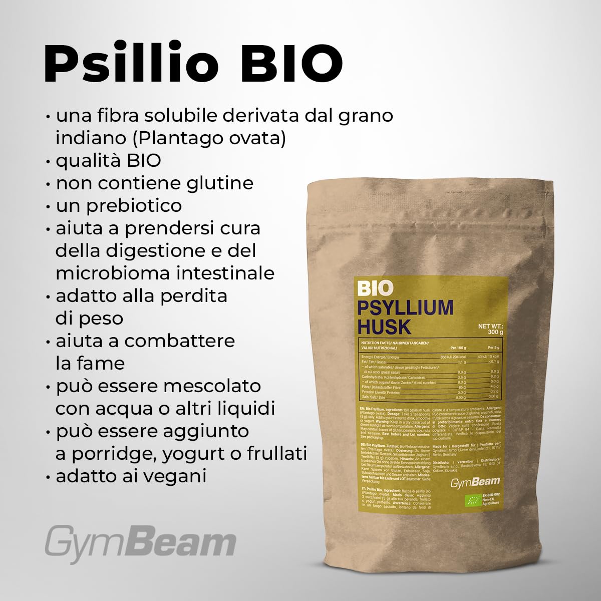GymBeam Alimentazione Psillio Bio 300 g Fibra Vegana