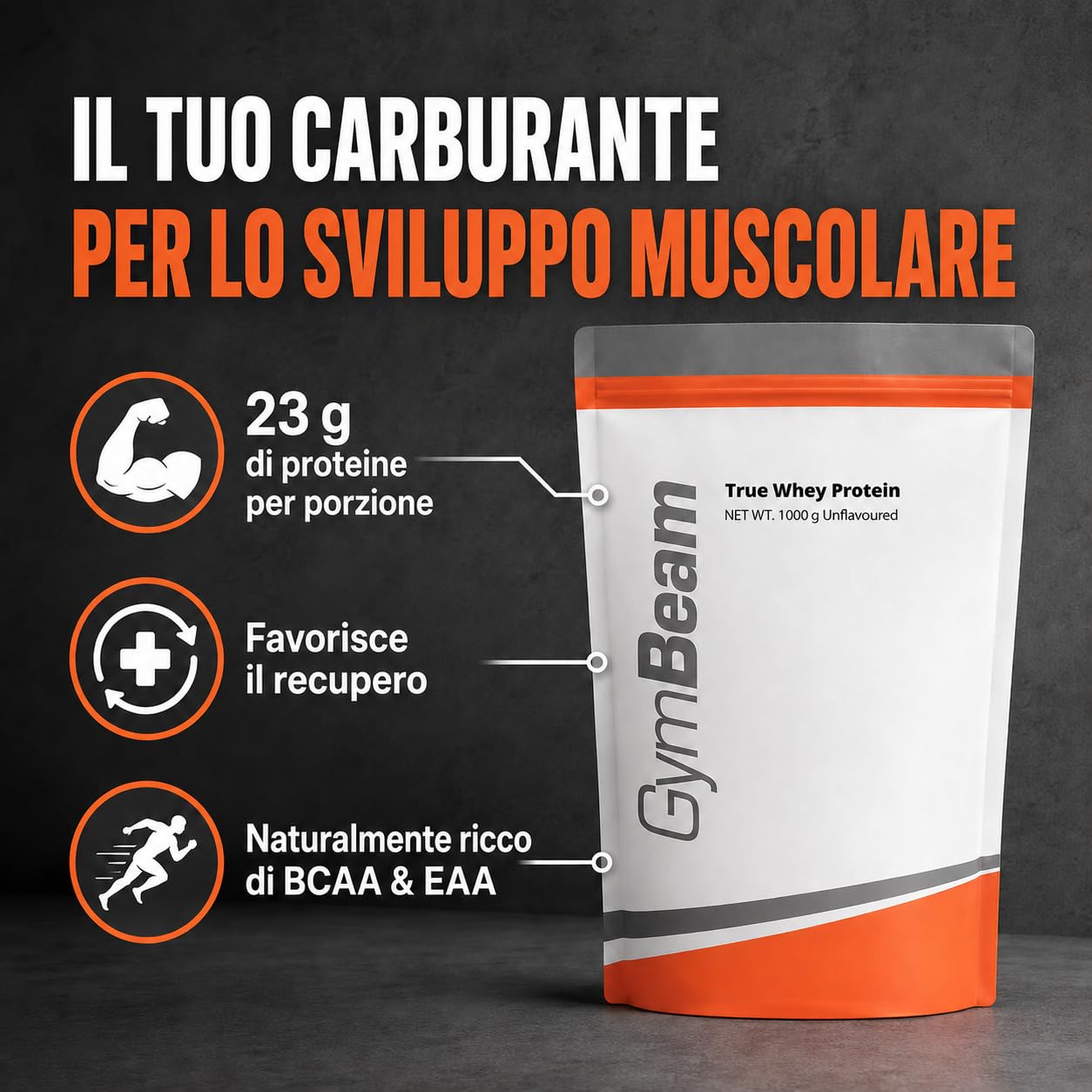 GymBeam True Whey Banana proteine whey 1000g muscoli