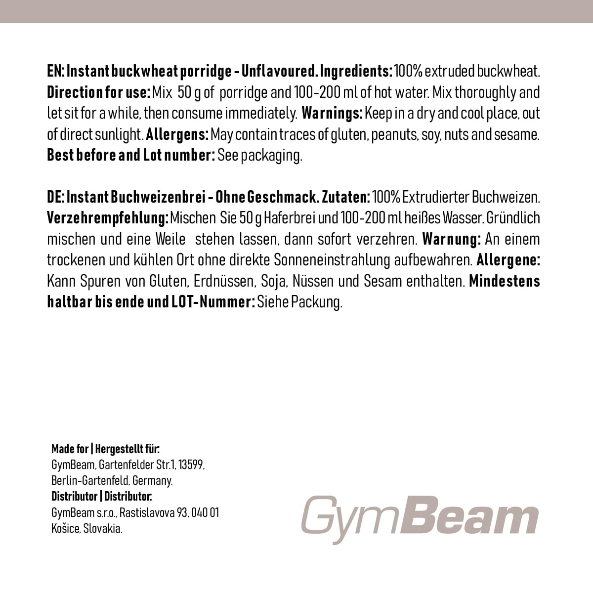 GymBeam Porridge Grano Saraceno neutro 450 g proteico