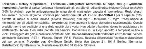 GymBeam Coleus Forskohlii 60 Capsule Vegane Bruciagrassi 10% Forskolina