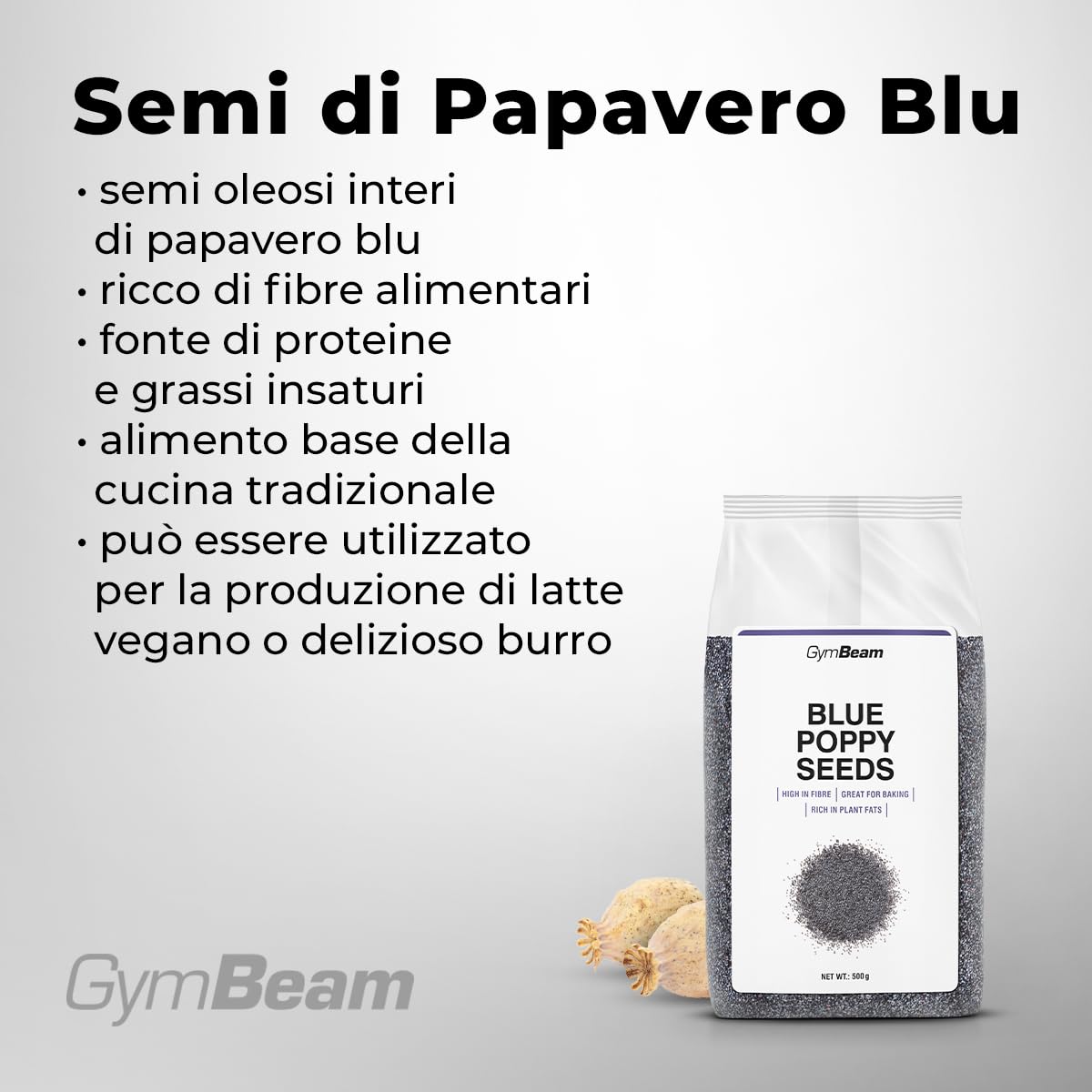 GymBeam Semi di Papavero Blu 500g Superfood Vegano Fibre