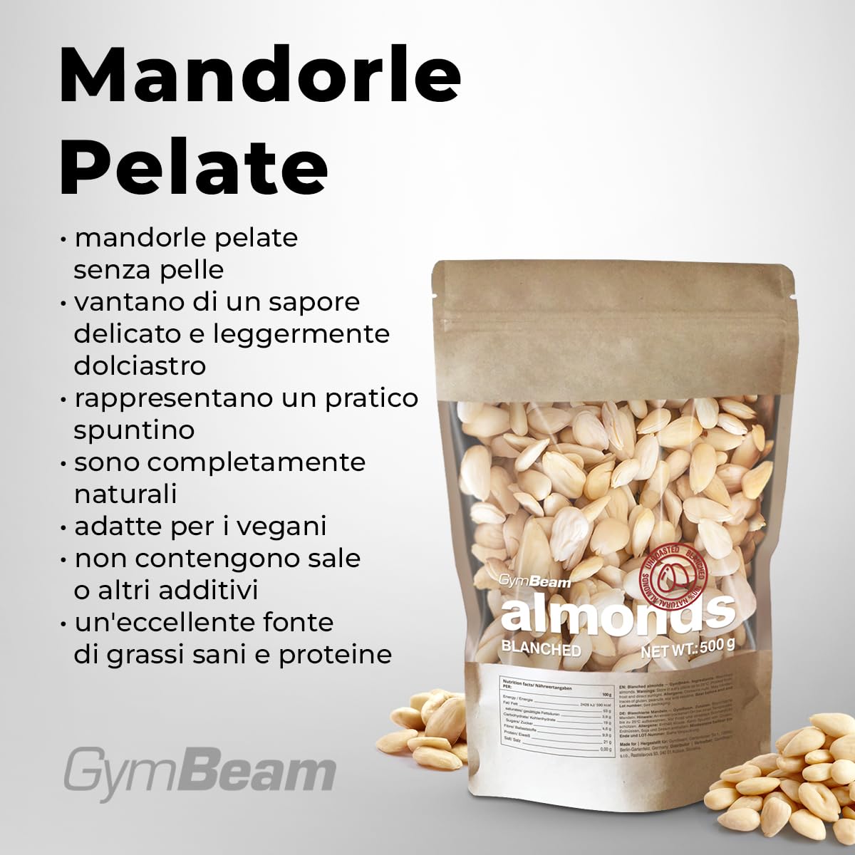 GymBeam Mandorle Pelate 500g Vegane Senza Sale Proteiche