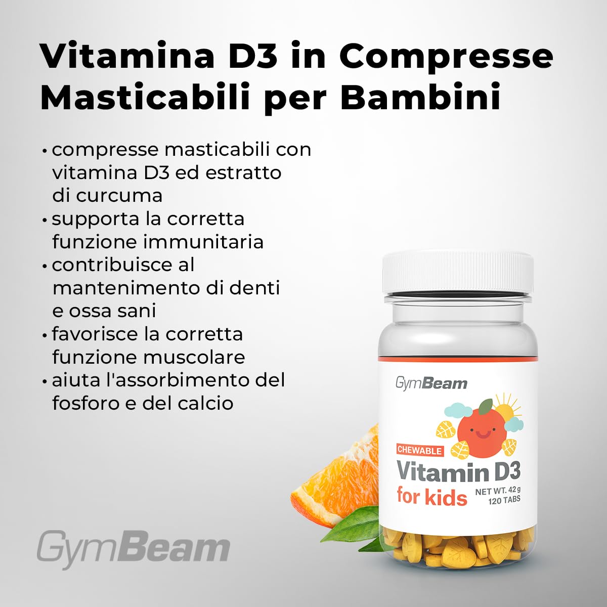 GymBeam Vitamine D3 Bambini Masticabile Arancia 120 Compresse