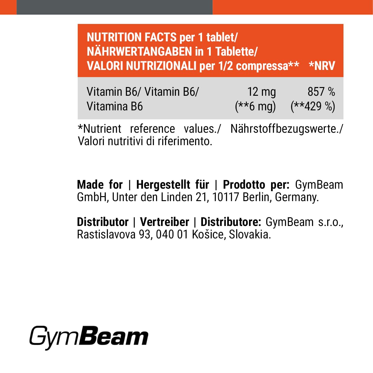 GymBeam Vitamina B6 90 Compresse Integratore Piridossina Fatica