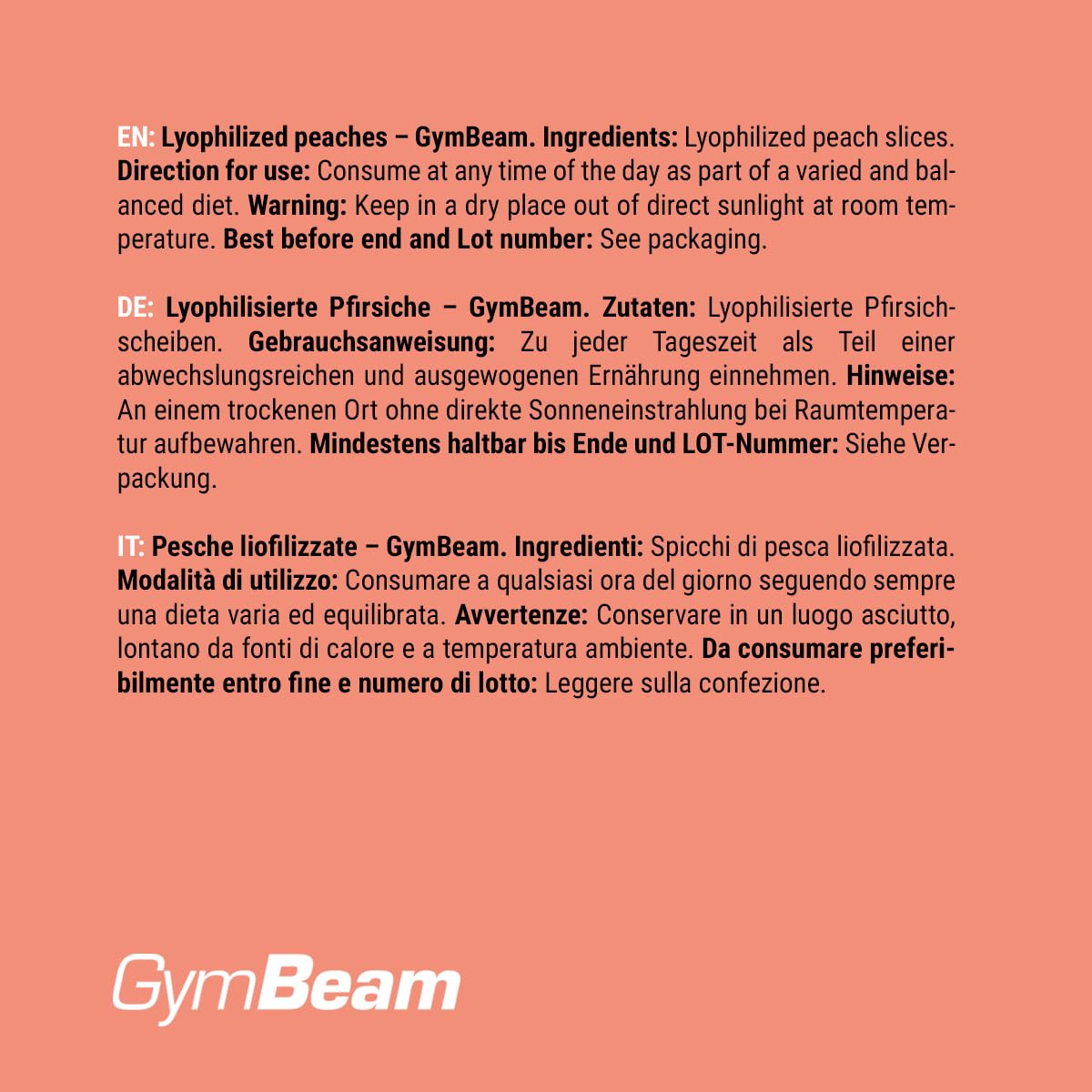 GymBeam Pesche Liofilizzate 100 g Snack Frutta Senza Zuccheri